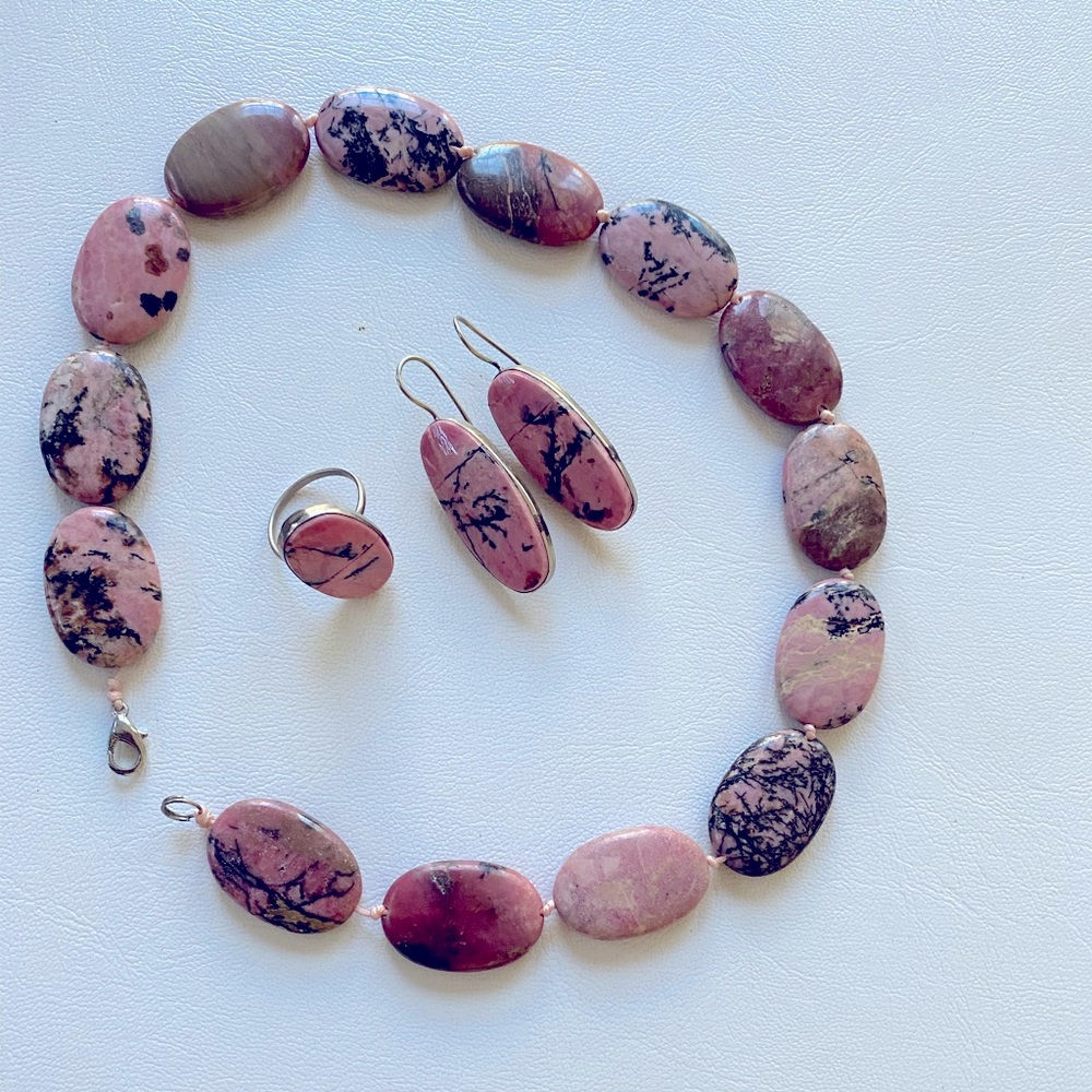 Rhodonite set necklace ring earring New